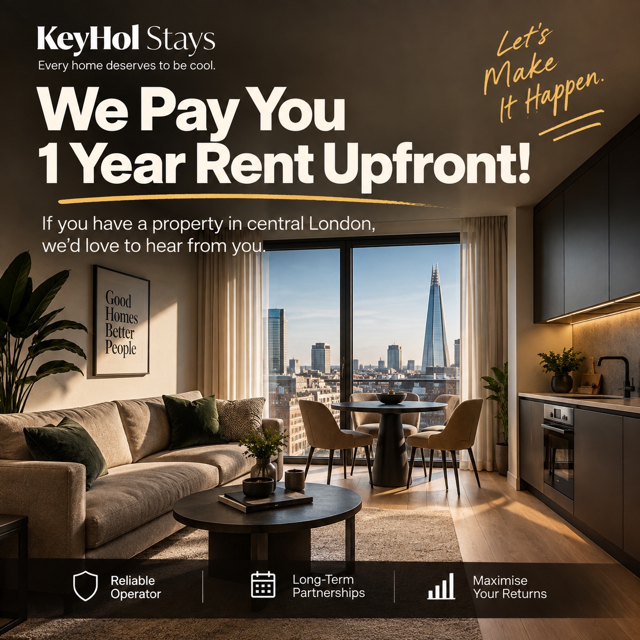 KeyHol Stays promotion showing a London apartment
